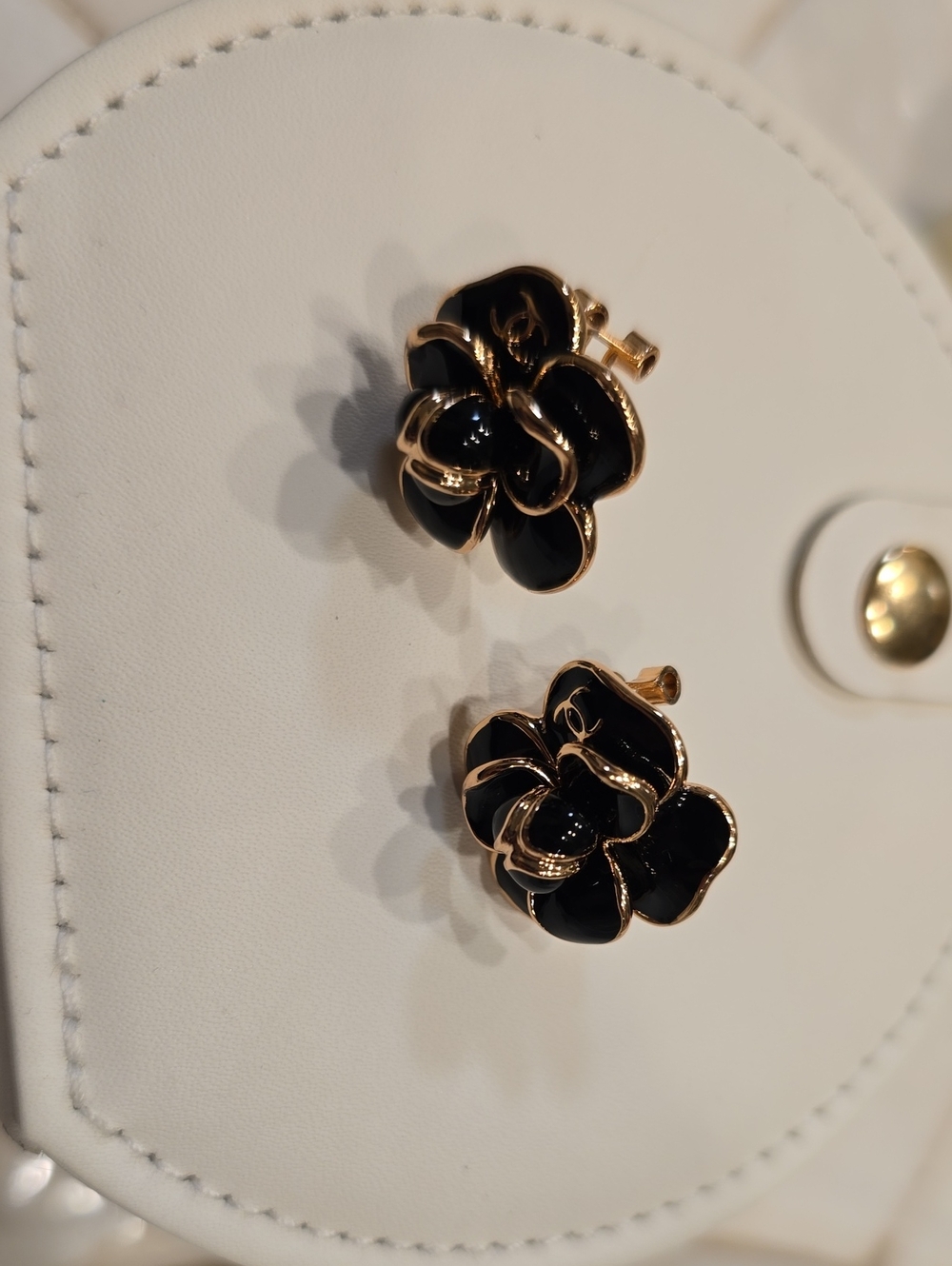 Black Enamel Camellia Stud Earrings